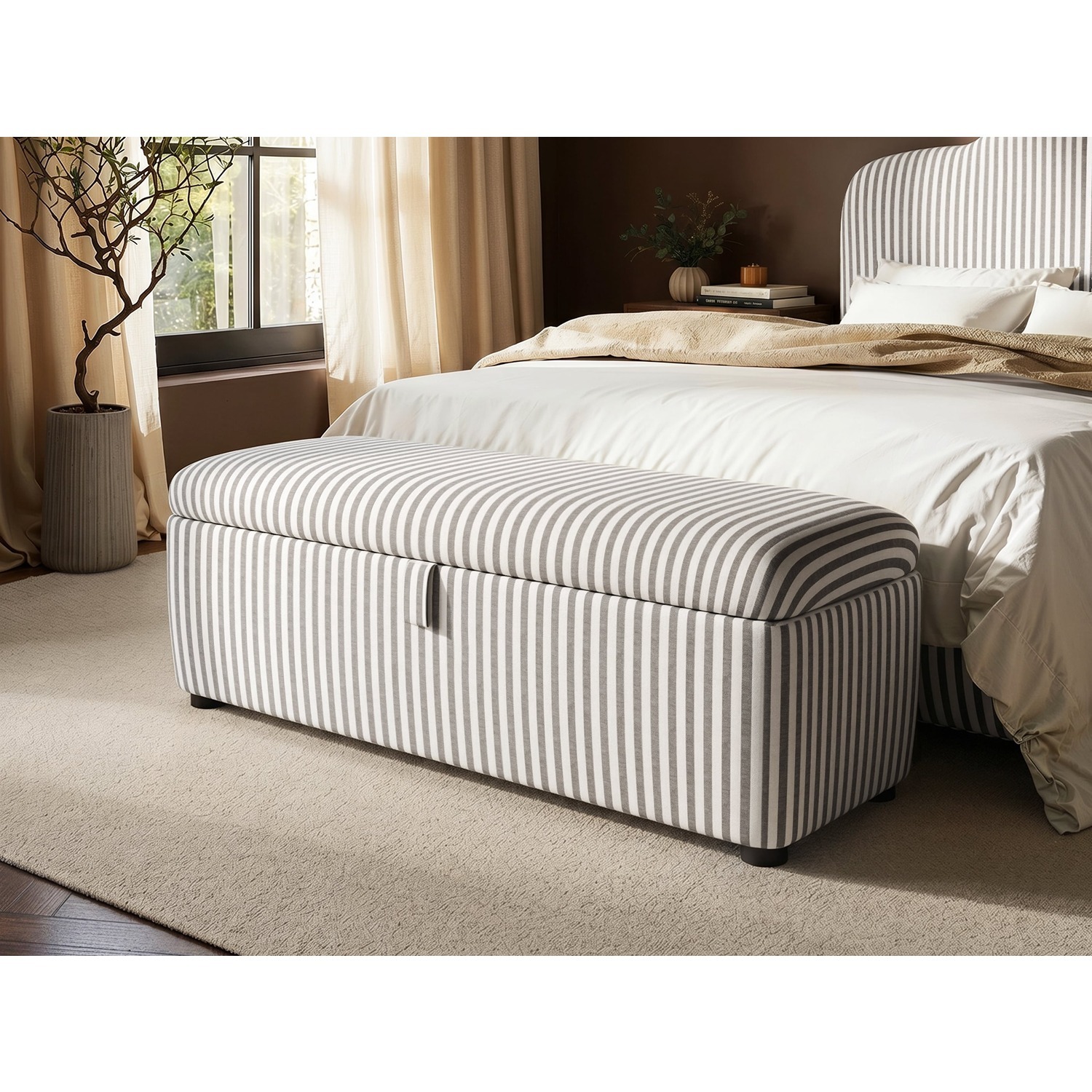 Solace+Co Skylynn Ottoman Blanket Box Cream Striped Woven Fabric - Cream & Brown