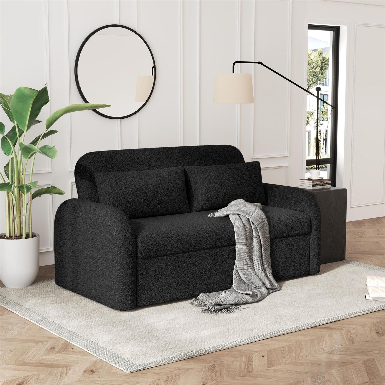 NOMA 2-Seater Boucle Pull Out Sofa Bed with Matching Cushions - Black - Image 6