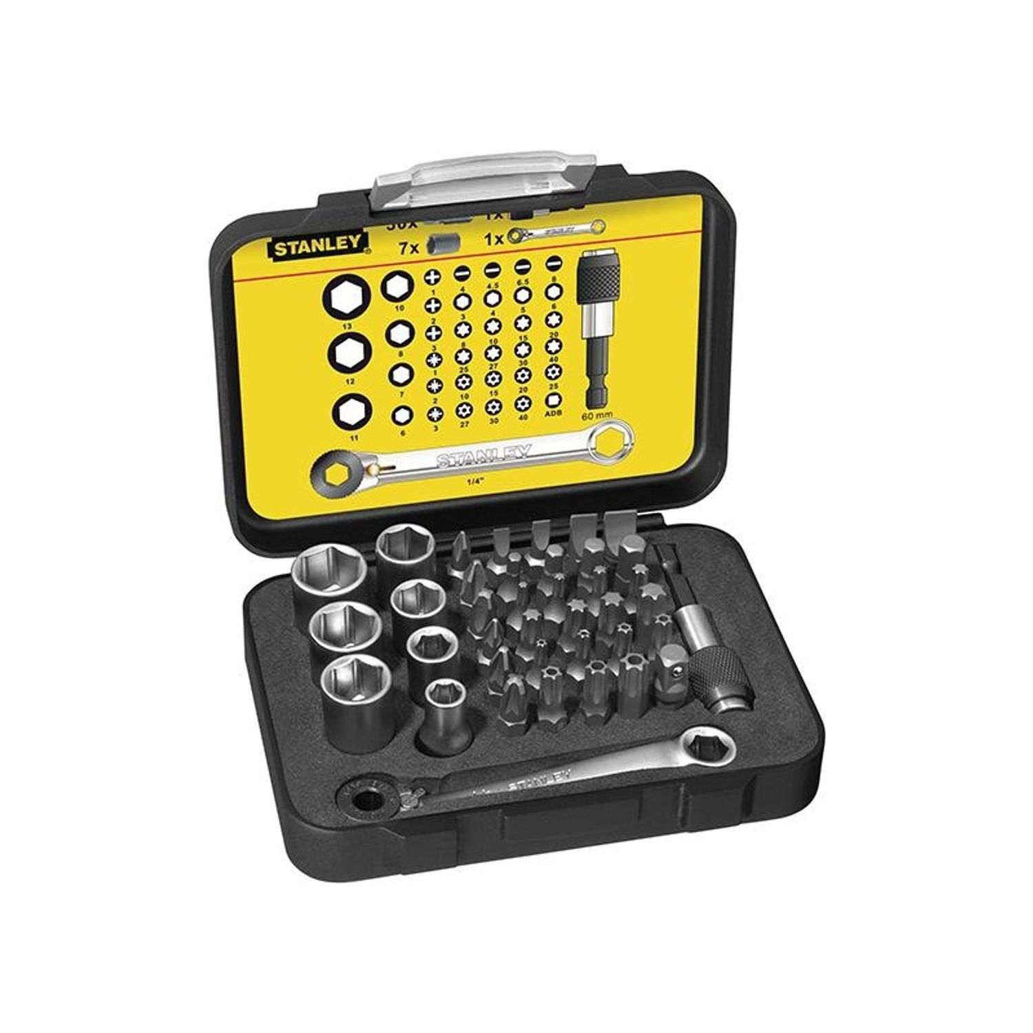 Stanley Hand Tools 1/4In Drive Bit & Socket Set Of 39 + Ratchet End - Multi Colour