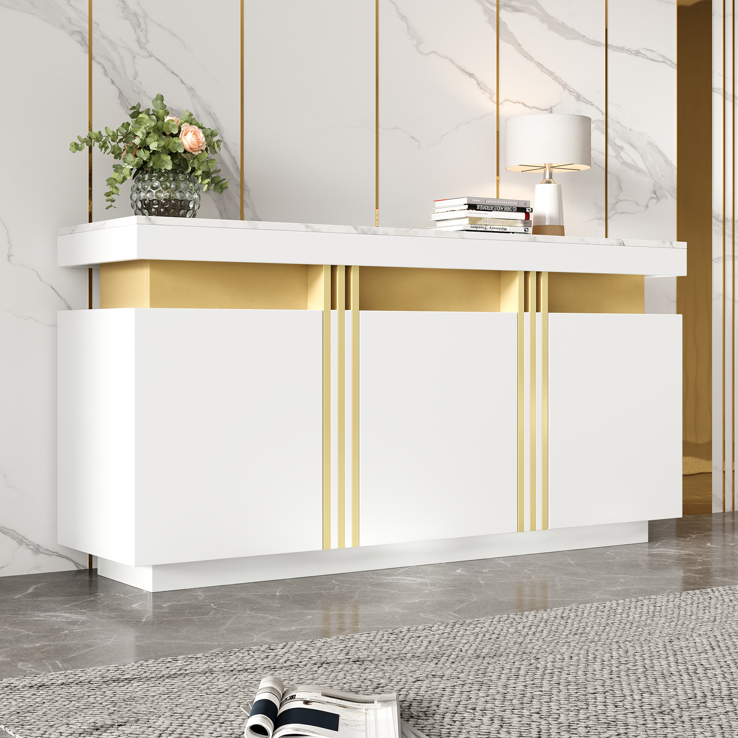 Aka Buffet Cabinet With Faux Marble Top, 3 Doors And Adjustable Shelves, Modern White & Gold - White