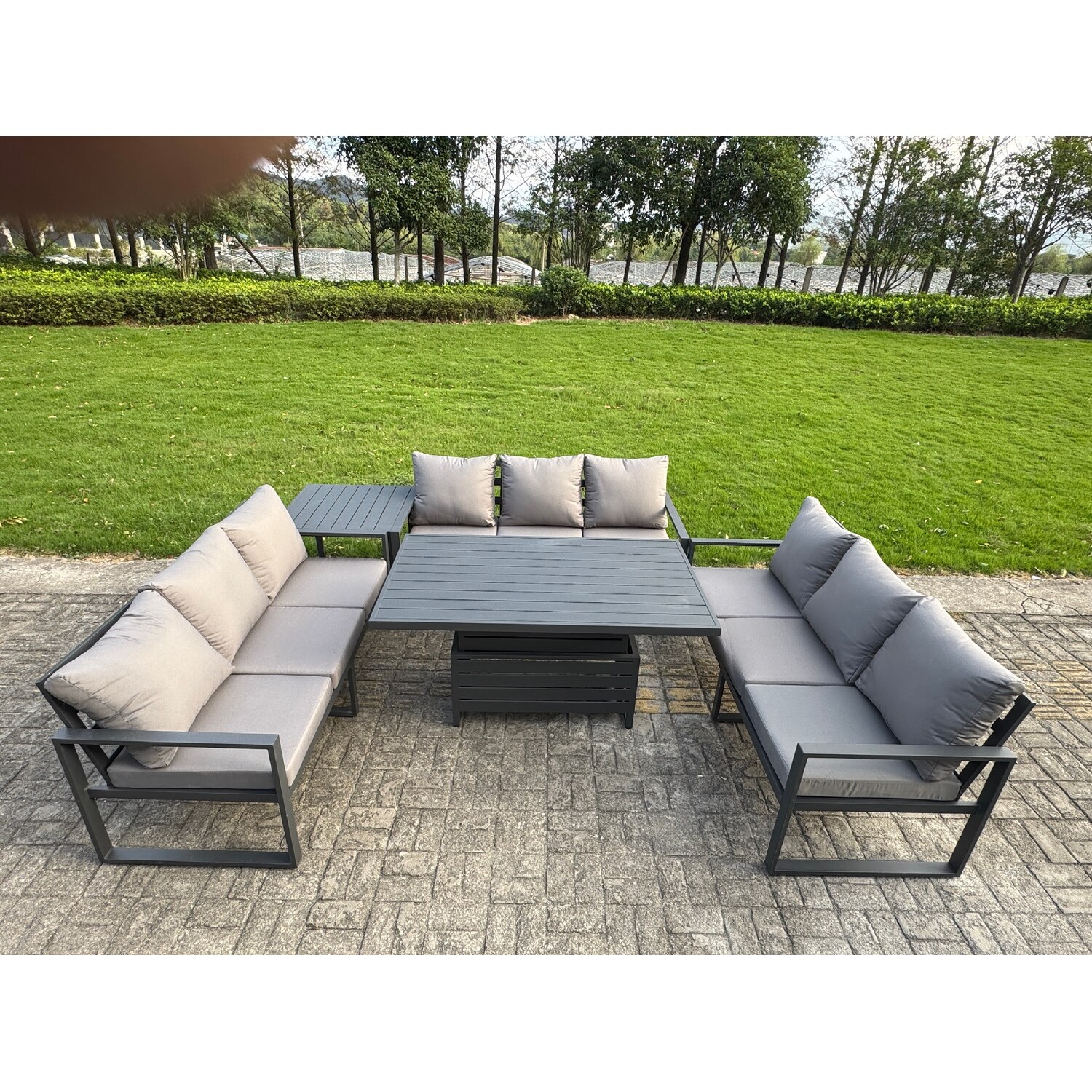 Fimous U-Shaped Garden Furniture Set 9-Seater Aluminium Outdoor Dining Set With Adjustable Rising Lifting Dining Table Side Table Dark Grey - Image 3