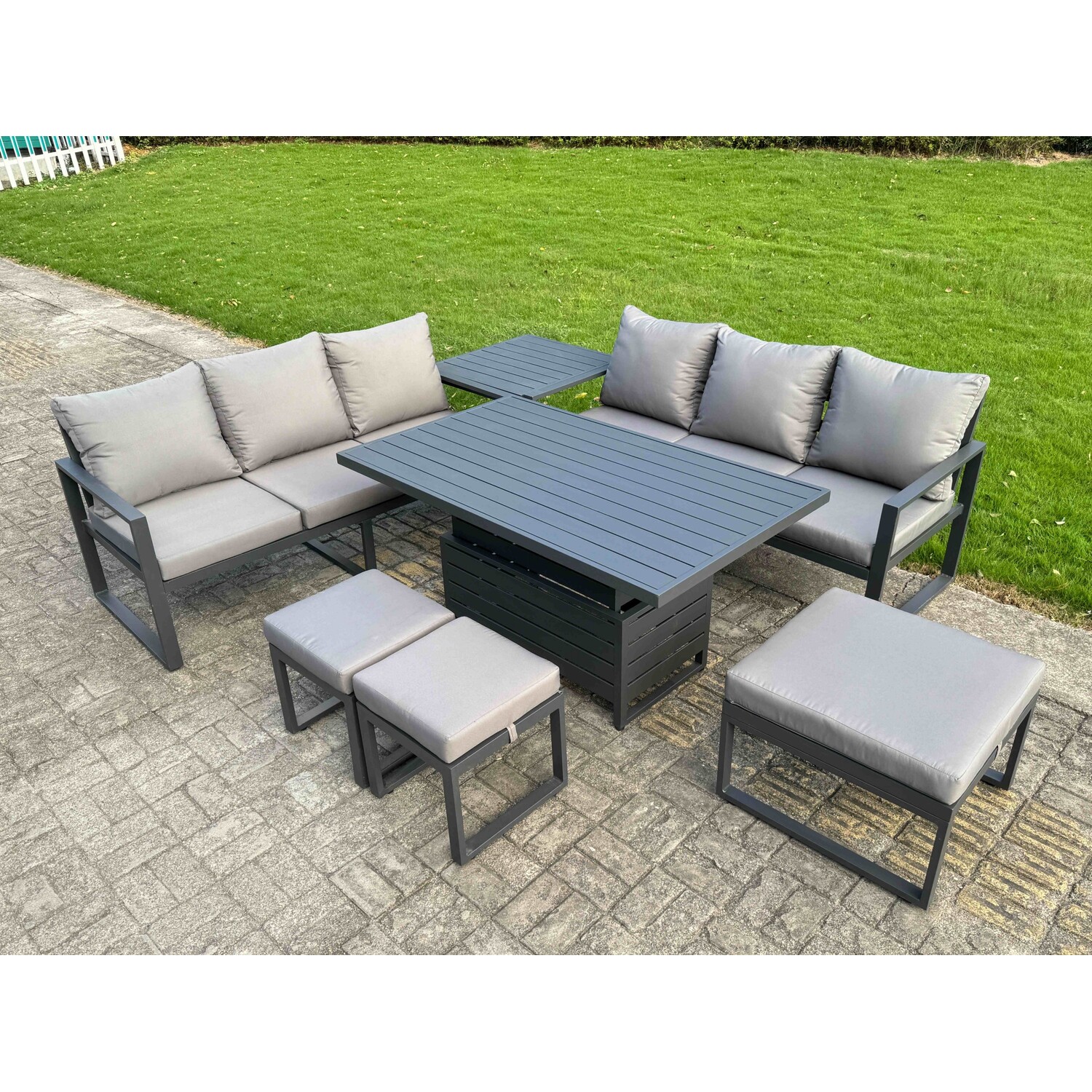 B&Q - 7 Pieces Garden Furniture Set Aluminium Adjustable Rising Lifting Dining Table And Sofa Set With Side Table Dark Grey - Image 3