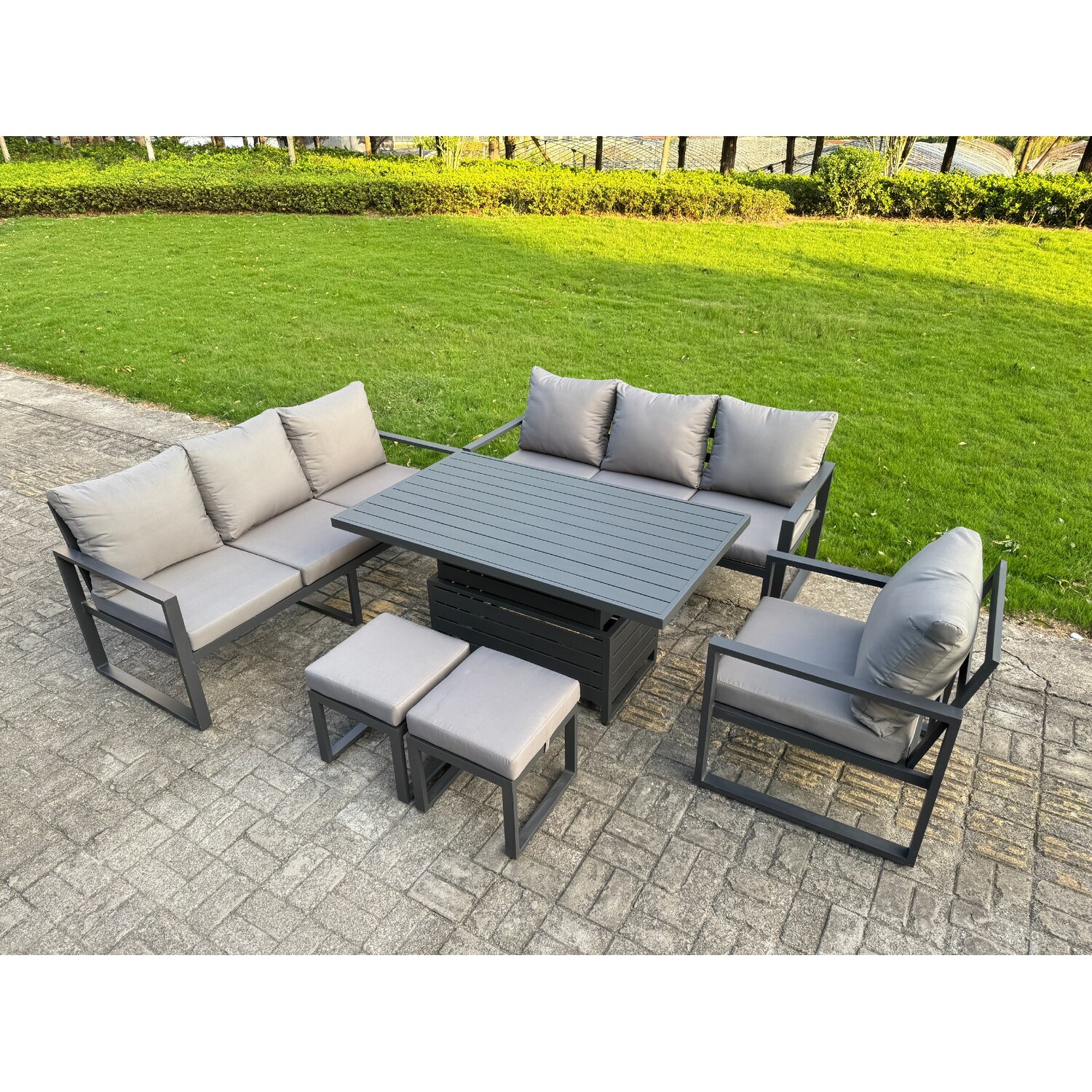 Rackhams Dark/Grey Aluminium Garden Furniture Sets,9 Seater Outdoor Sofa Dining Set With Adjustable Rising Lifting Dining Table 2 Small Footstools - Image 3