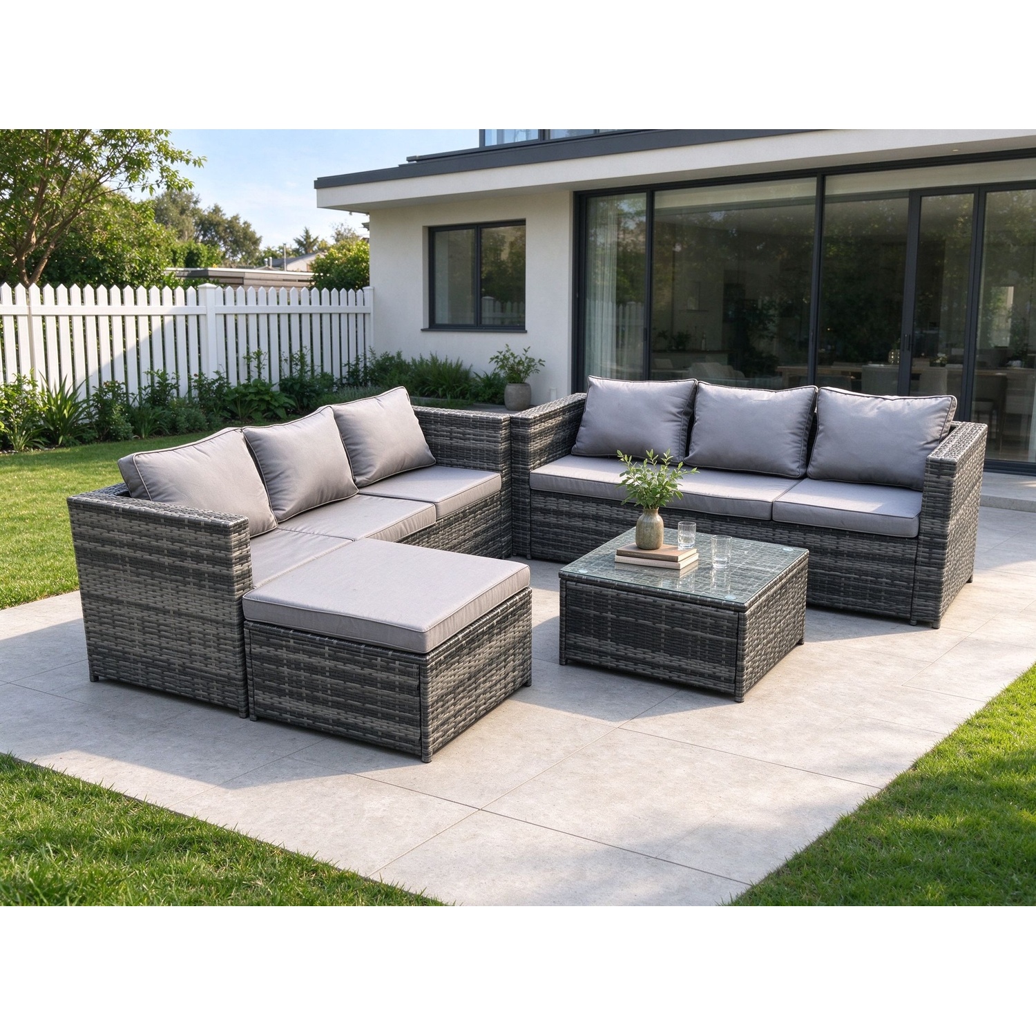 B&Q - Wicker Rattan Garden Furniture Sofa Set With Square Coffee Table Big Footstool 7 Seater Outdoor Rattan Set - Image 2
