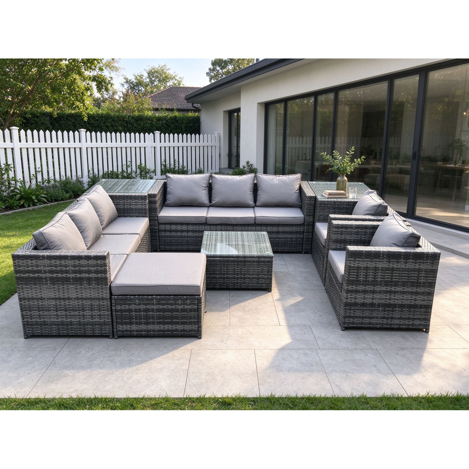 Fimous Rattan Garden Furniture Sofa Set With 2 Armchairs Square Coffee Table Side Table Big Footstool Indoor Side Table - Image 3