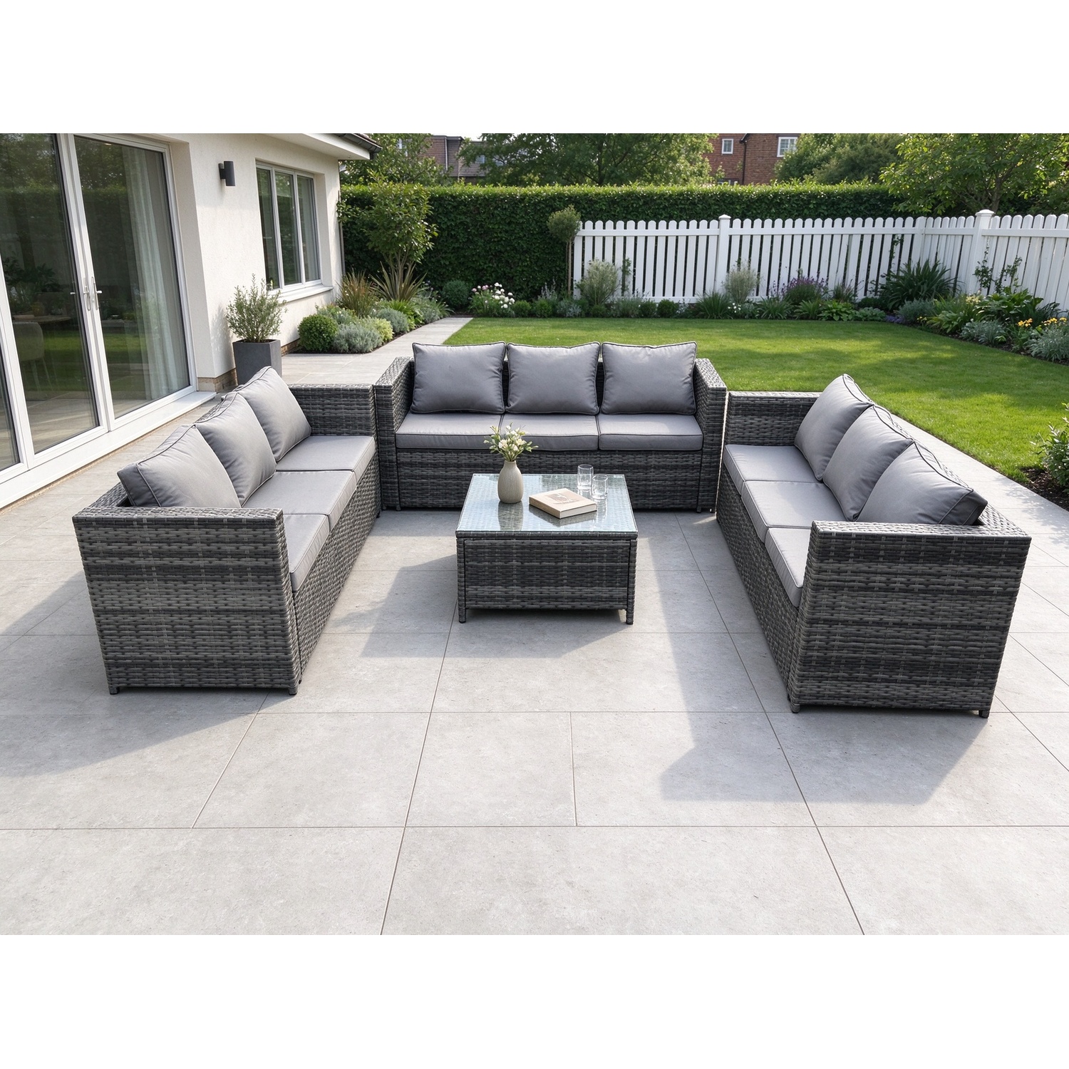 Fimous 9 Seater Rattan Garden Furniture Set Patio Outdoor Lounge Sofa Set With Square Coffee Table Dark Grey Mixed - Image 3