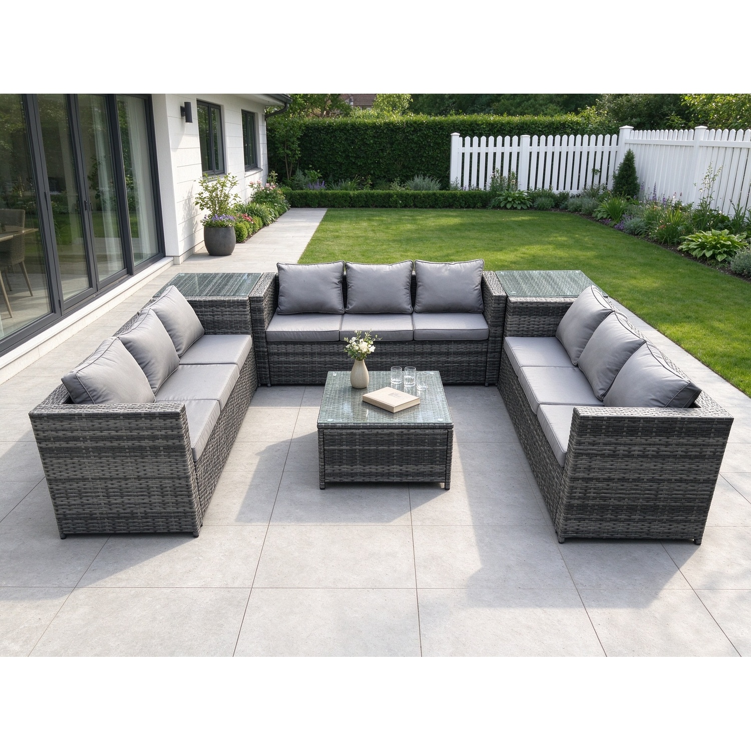 B&Q - 9 Seater Rattan Garden Furniture Set Patio Outdoor Lounge Sofa Set With 2 Side Tables Square Coffee Table - Image 2