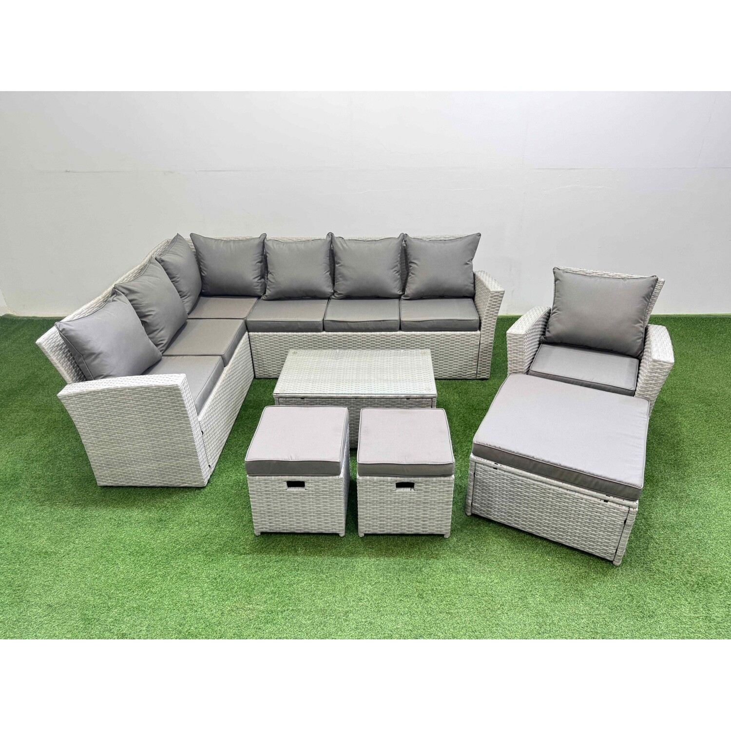 Fimous Unisex Light Grey Seater Garden Outdoor Pe Rattan Furniture Set With 3 Stools In Size 10 - Image 2