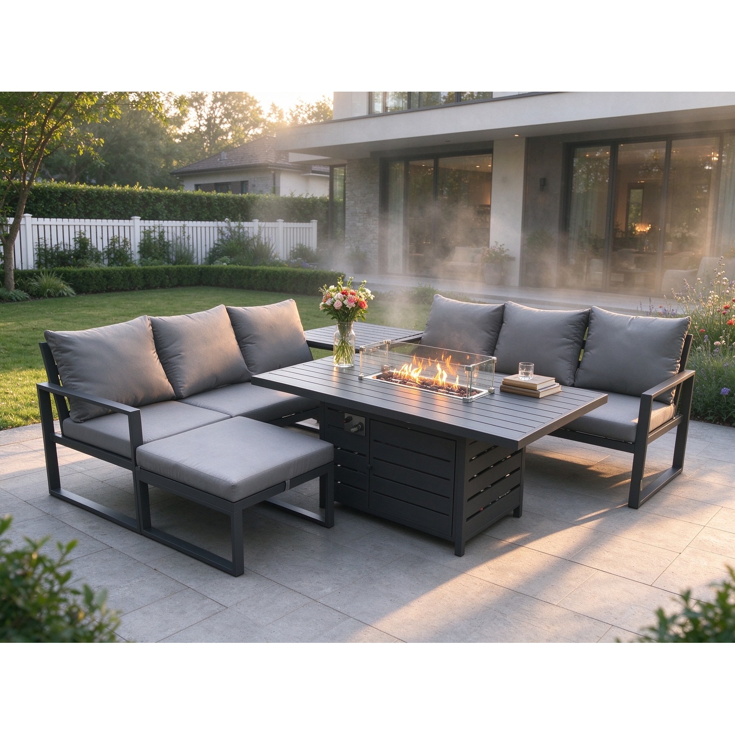 Rackhams Dark/Grey Aluminium 7 Seater Outdoor Garden Furniture Lounge Sofa Set Gas Fire Pit Dining Table With Big Footstool Side Table - Image 2