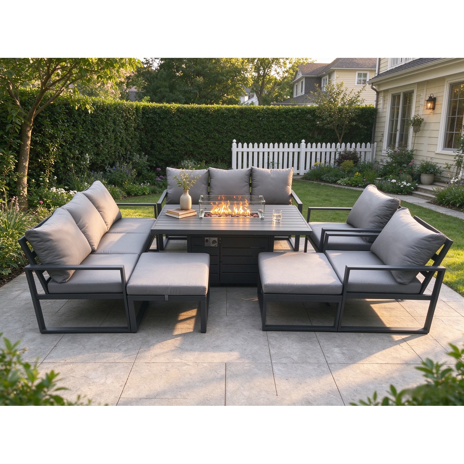 Fimous Dark/Grey Aluminium Outdoor Garden Furniture Set Patio Lounge Sofa Gas Fire Pit Dining Table Set With 2 Big Footstools - Image 2