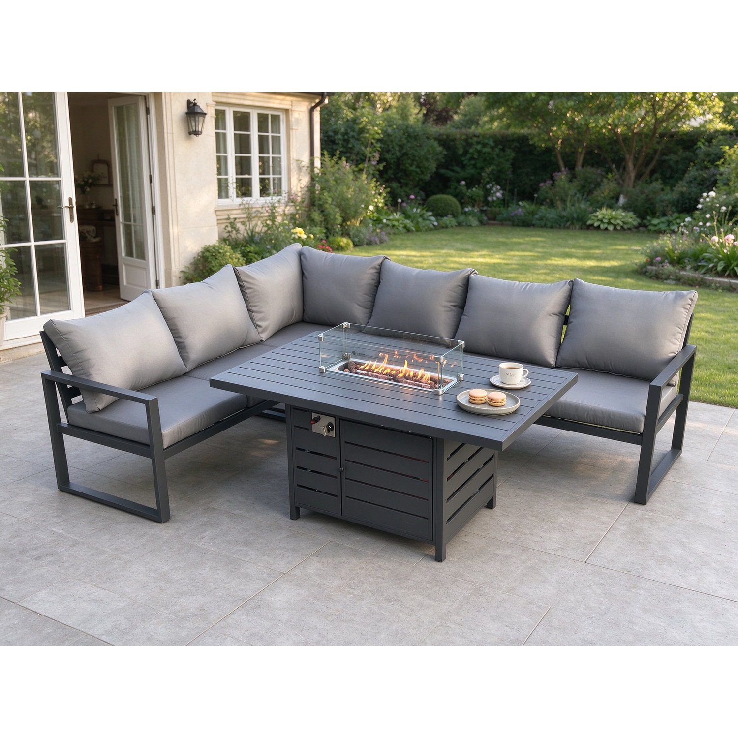 Fimous Unisex Dark Grey Aluminium Outdoor Garden Furniture Corner Sofa Gas Fire Pit Dining Table Sets Gas Heater Burner Seater Size 6 - Image 2
