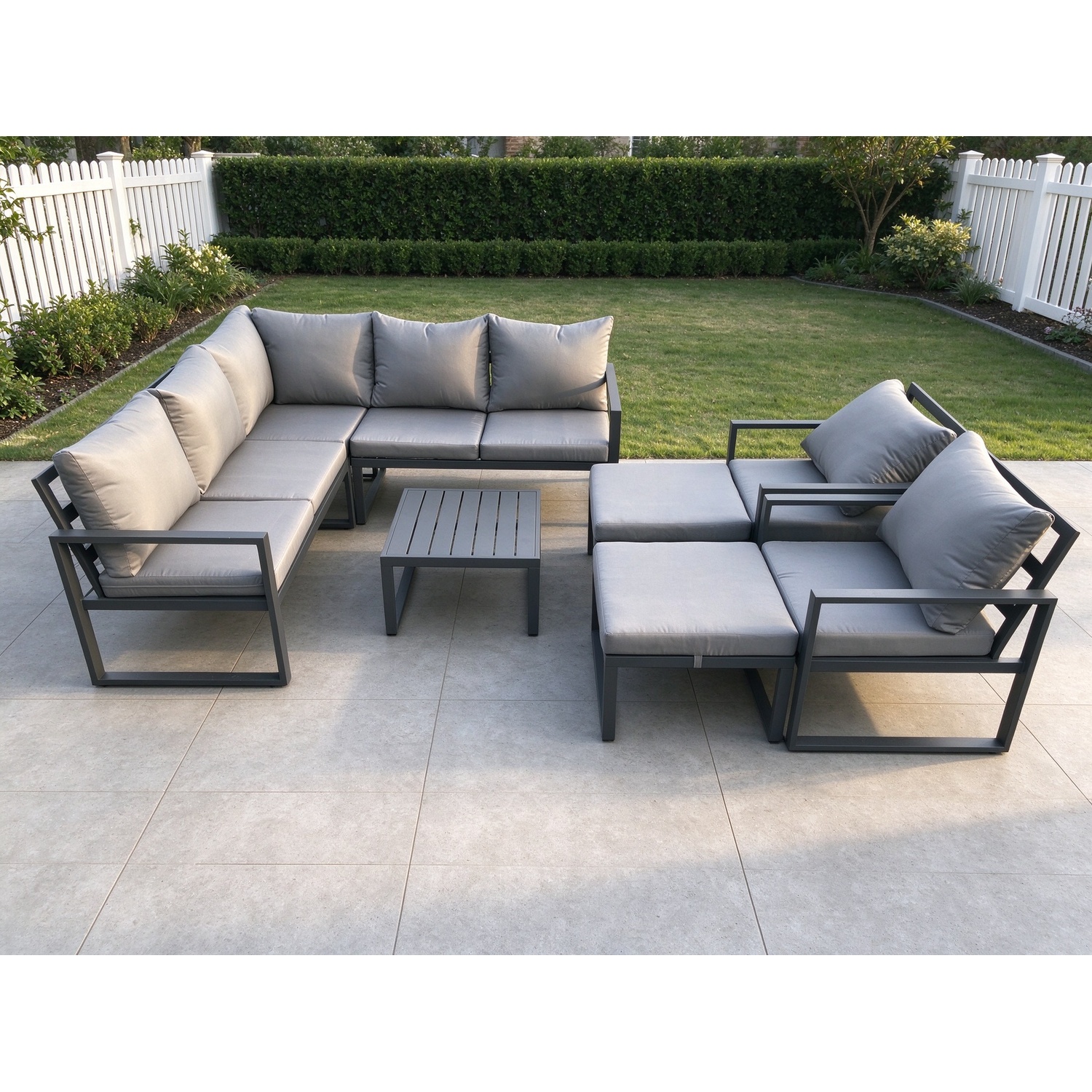 Fimous Dark/Grey 9 Seater Outdoor Aluminium Garden Furniture Set Corner Lounge Sofa Set With Square Coffee Table 2 Big Footstools - Image 2
