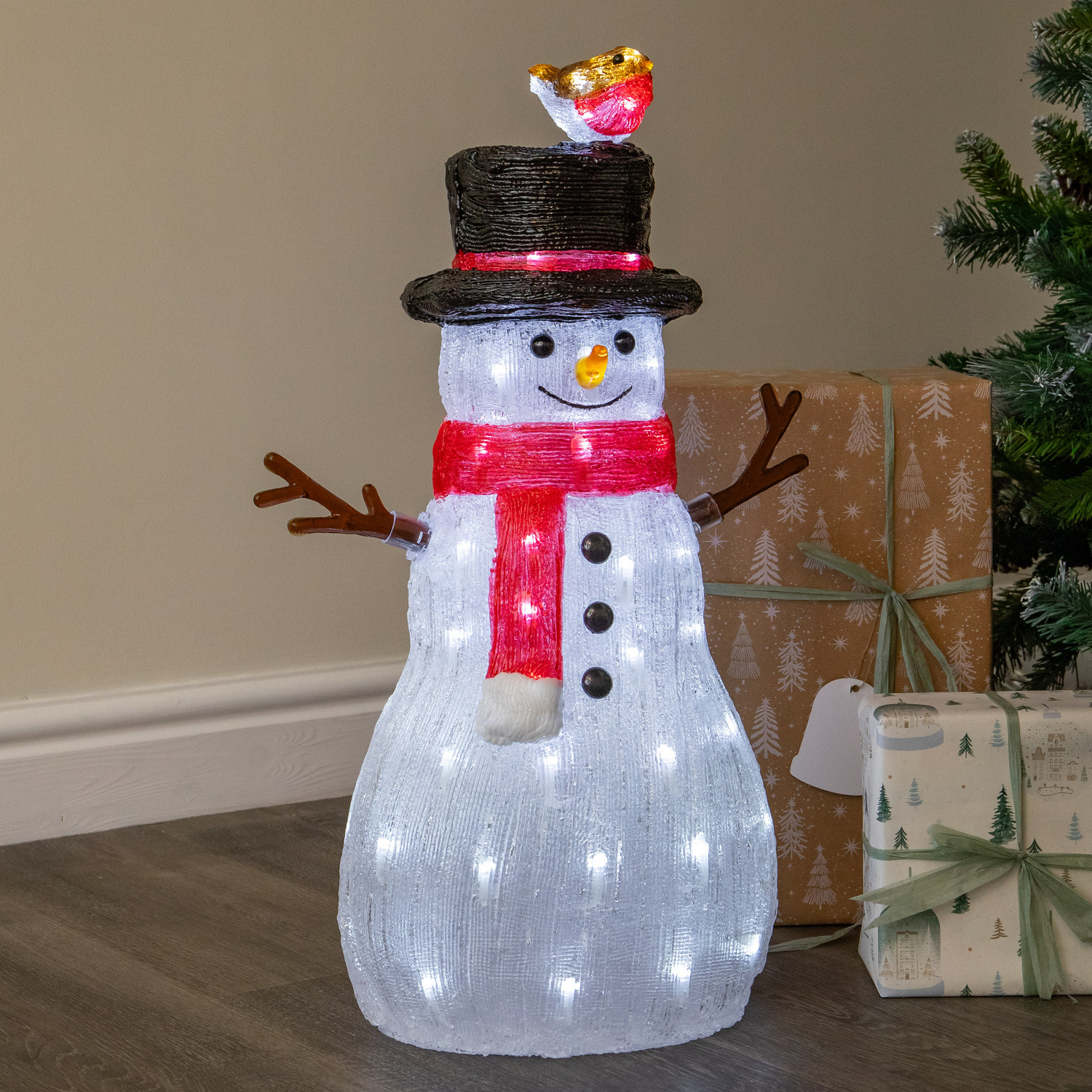 Samuel Alexander Unisex Multicolor Light Up Acrylic Christmas Snowman With Robin Led Decoration 62Cm - Image 2