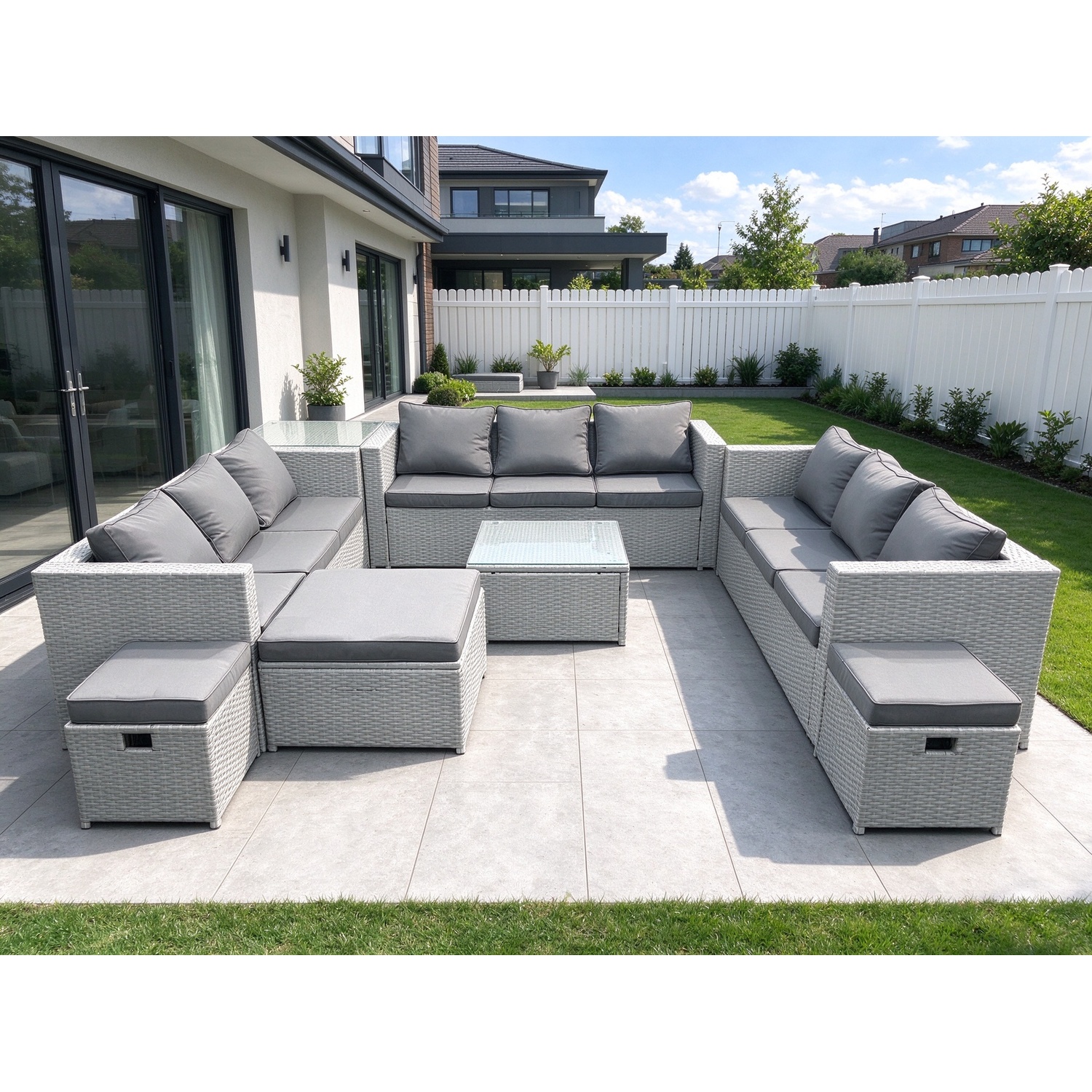 Fimous Unisex Light Grey Rattan Garden Outdoor Furniture Set Seater Rattan Garden Sofa Set With 3 Footstools Side Table Mixed Size 12 - Image 2