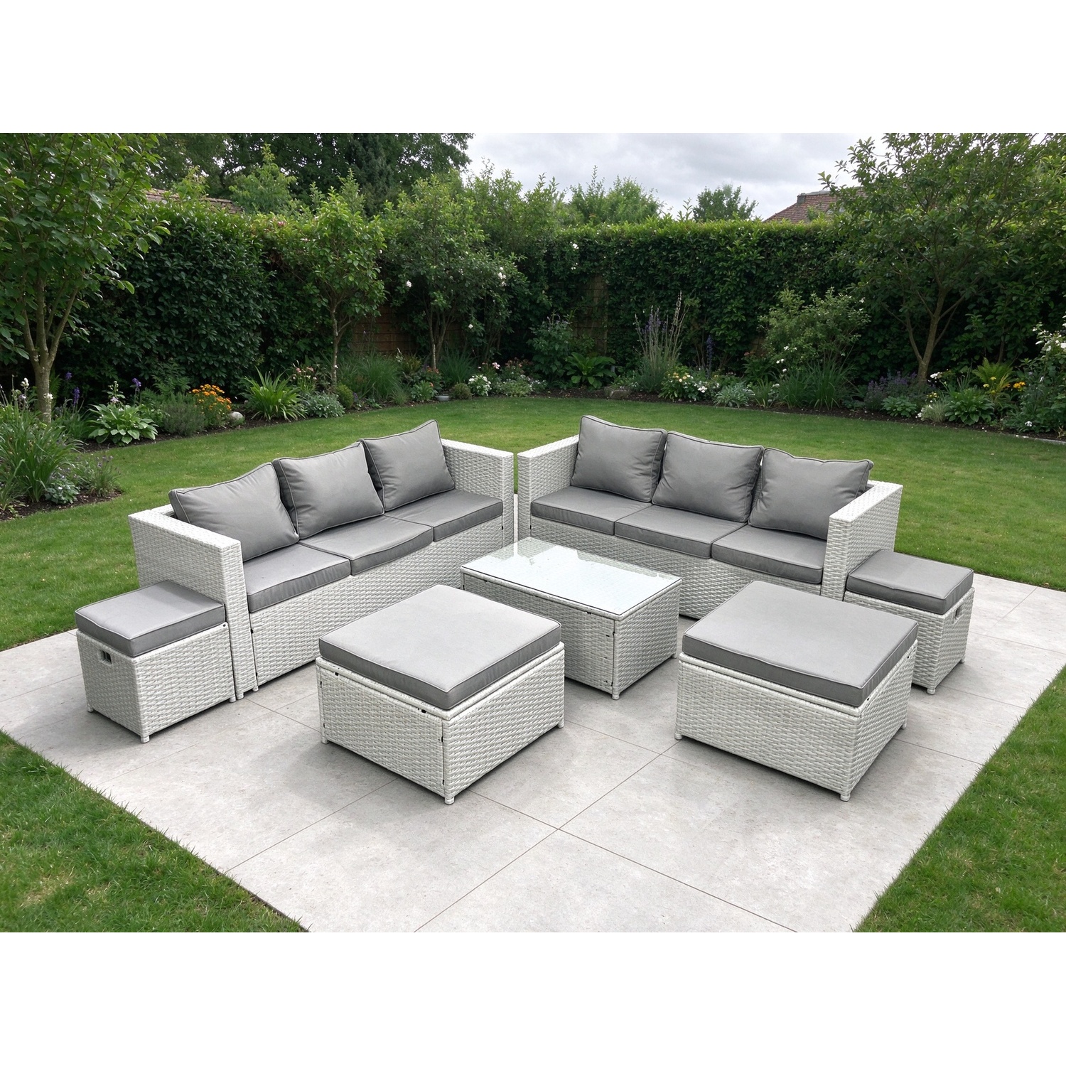 Fimous Unisex Light Grey Pieces Rattan Garden Furniture Set Outdoor Garden Sofa Coffee Table Set With 4 Footstools Mixed Size 7 - Image 2