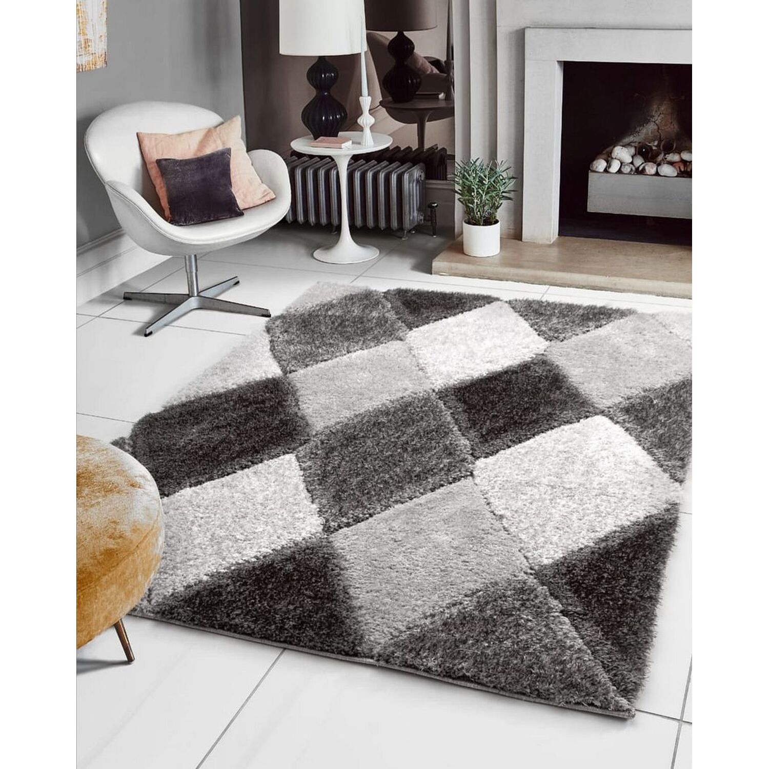 The Rug Wholesaler - Grey Carved Diamonds Shaggy Rug - Verge - Grey / 170cm thumbnail