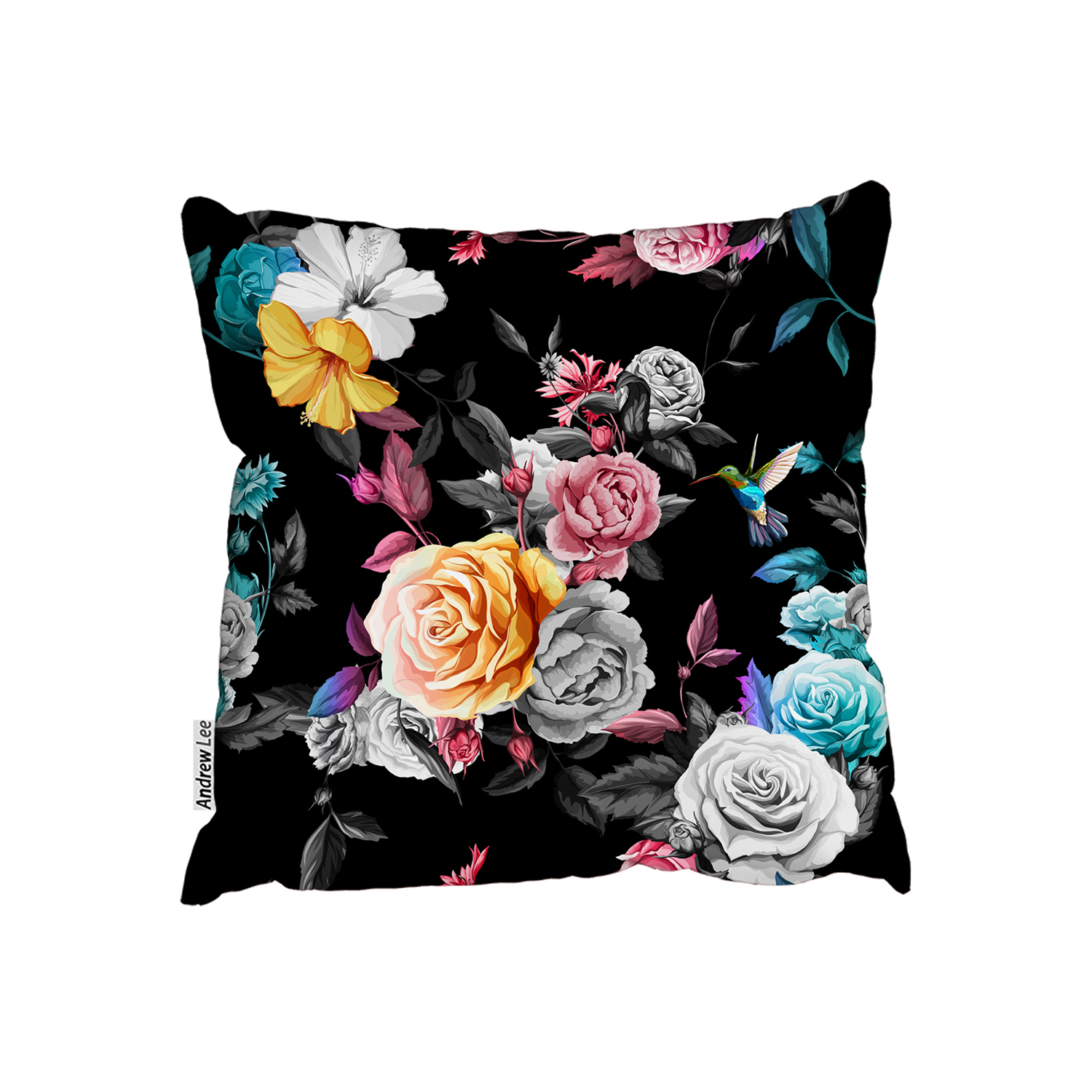 Humming Bird, Roses, Peony With Leaves  Cushion - Black / 60cm