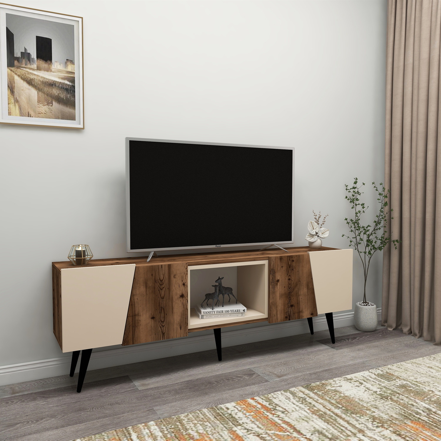 Tv Stand And Media Console Curve - Beige - Light Walnut
