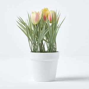 Homescapes Pink  Cream Artificial Tulips in White Decorative Pot, 22 cm Tall