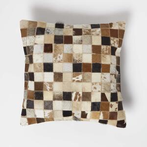 Small Block Check Brown Cream Leather Cushion