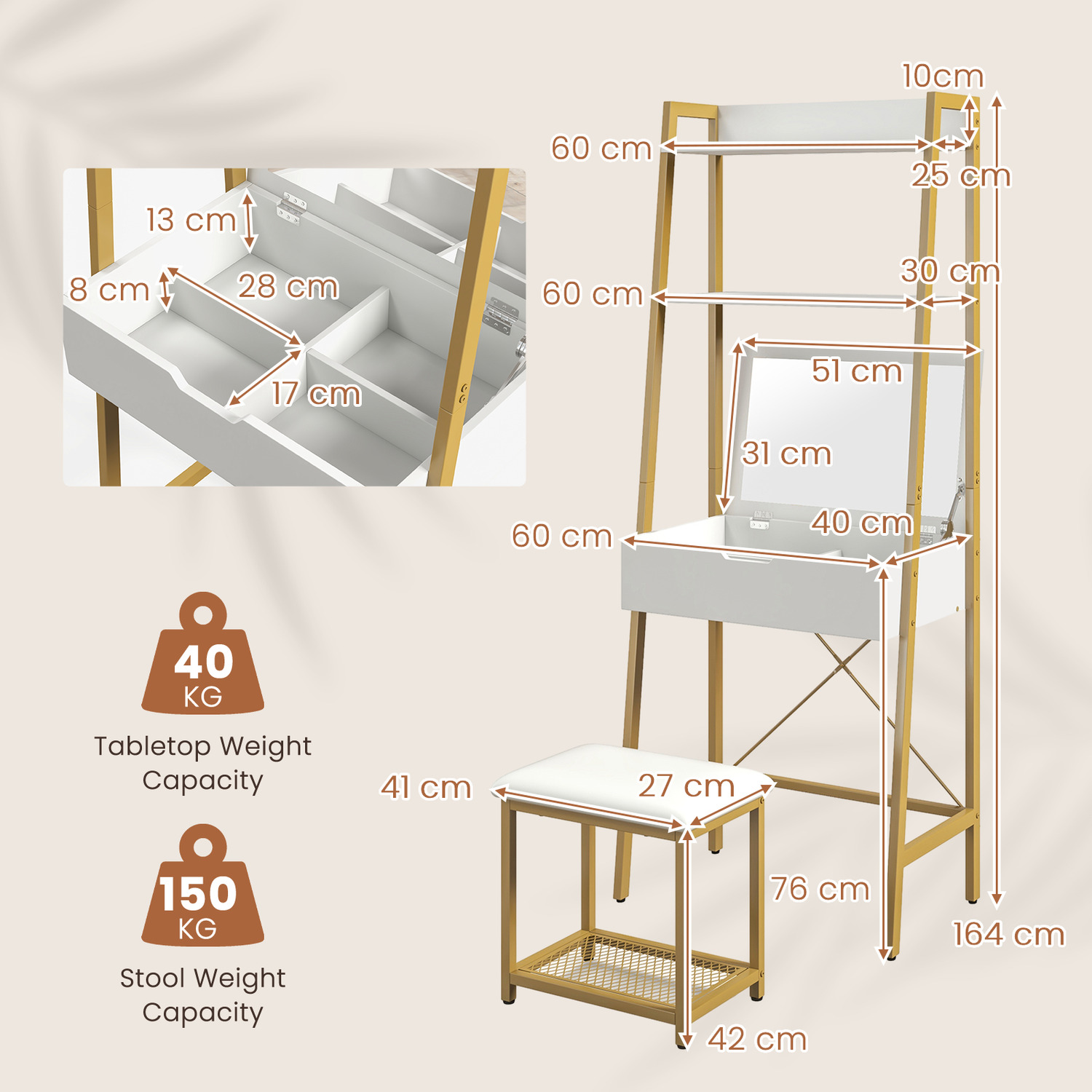 3-in-1 Vanity Table Set With Mirror - Gold