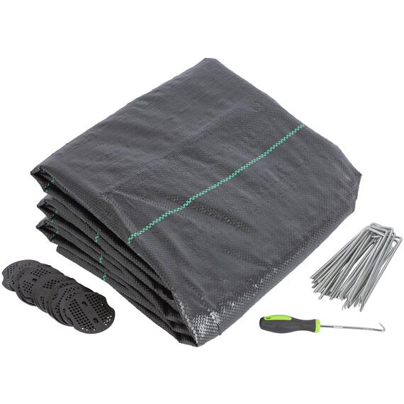 110gsm Weed Control Membrane with Pegs  Plates 2m x 25m Coverage (1 Roll)