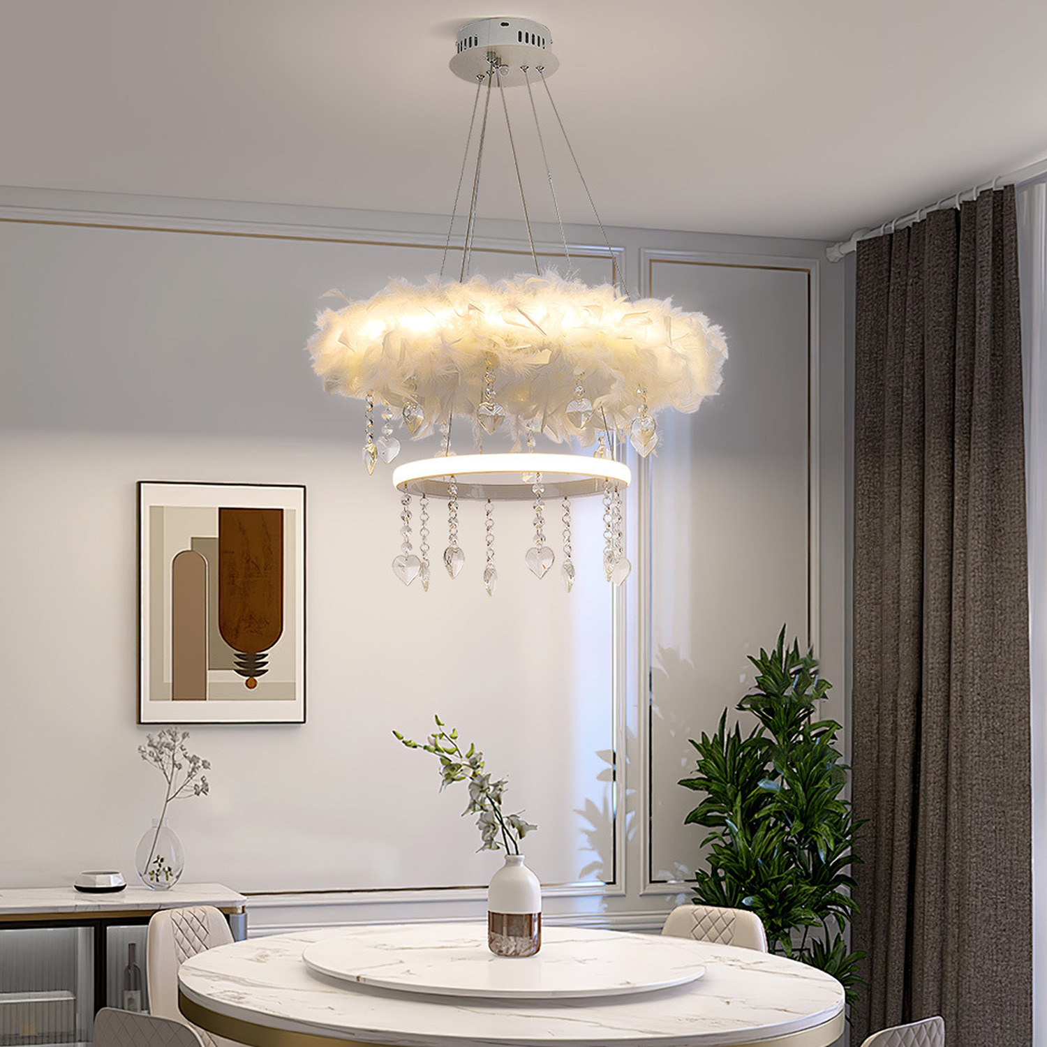 Double-Layer Feather LED Pendant Light with Crystals - White