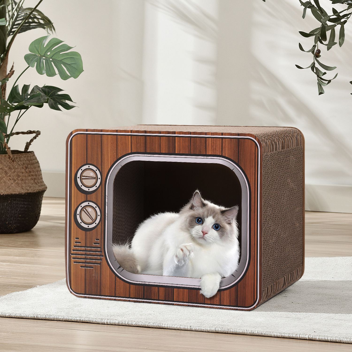 Livingandhome Tv Shaped Cat Bed Scratching Post - Brown