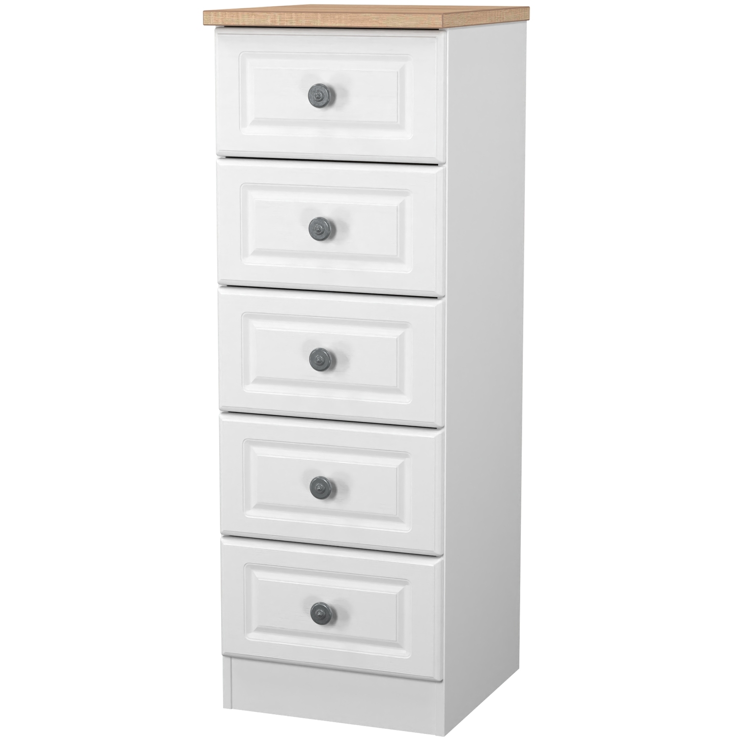 Norfolk Fully Assembled 5 Drawer Bedside Cabinet - White Ash Bardolino Oak