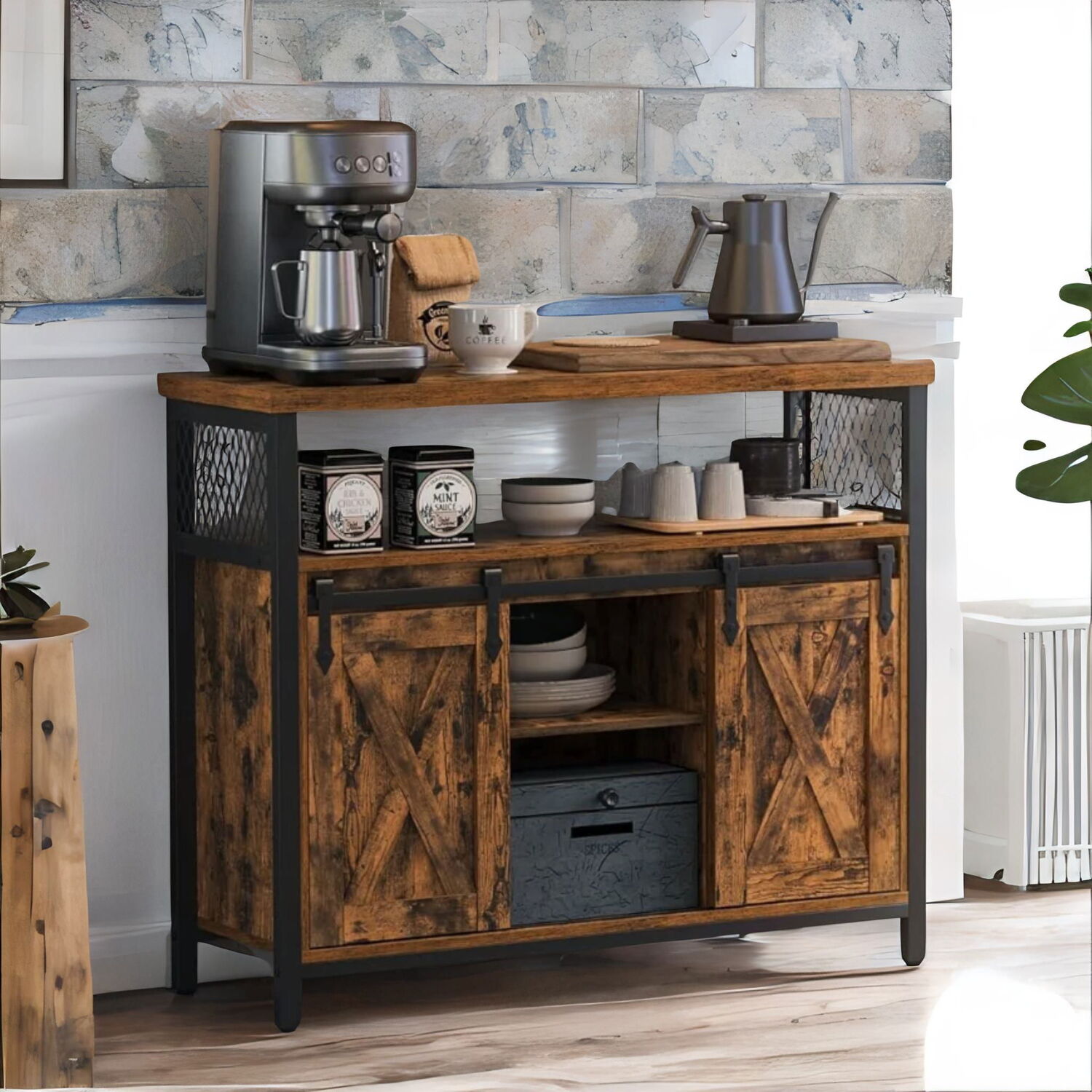 Multipurpose Sideboard With Sliding Barn Doors - Rustic Brown