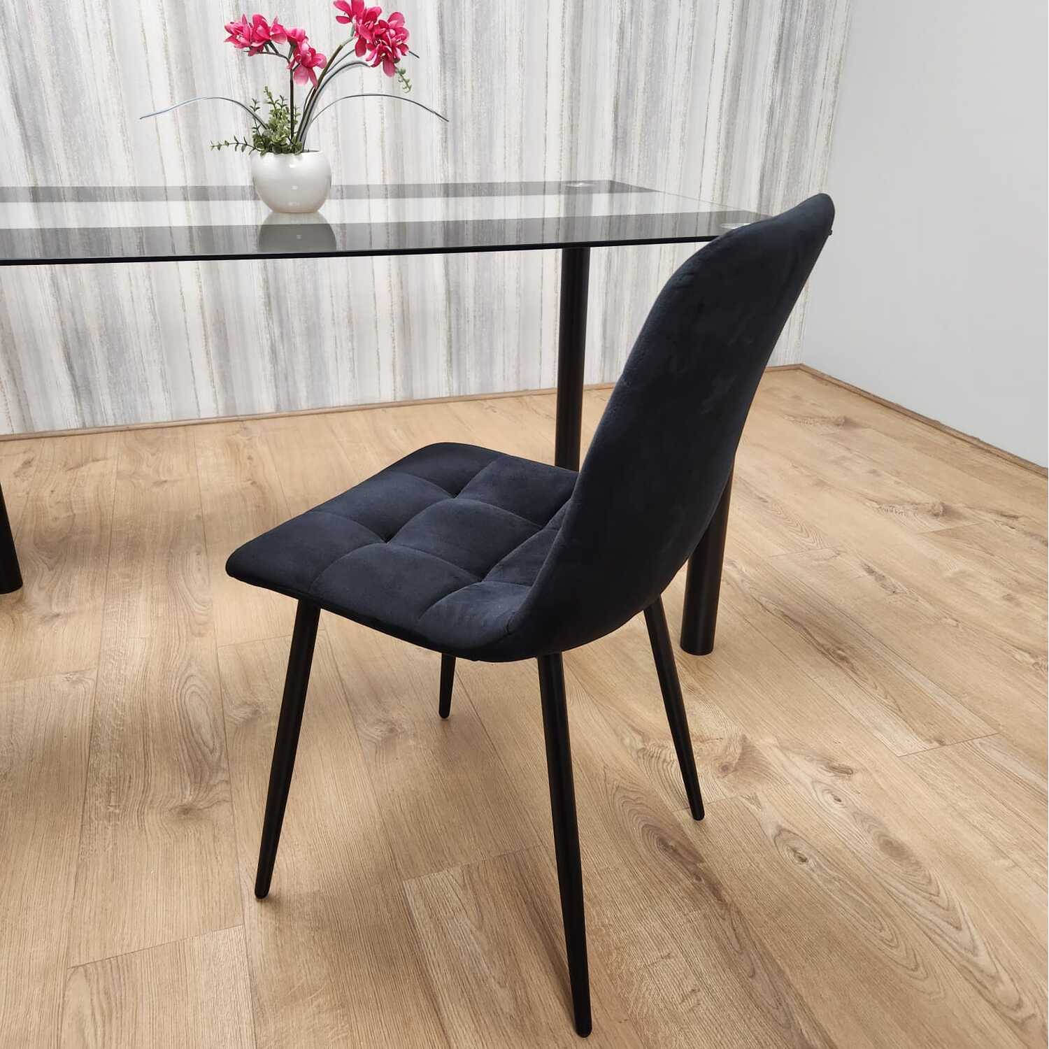 Dining Table and 4 Velvet Chairs Black Glass Set