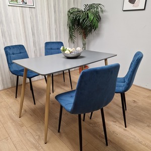 Wooden Rectangle Dining Table and 4 Blue Velvet Chairs Kitchen Set