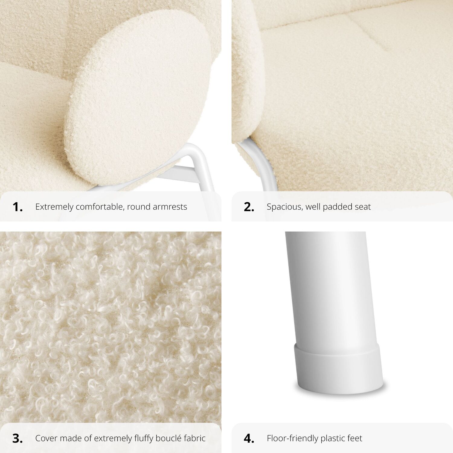 Dining Chair Scandi - Padded Boucle Cover High Backrest - Cream 90cm 2