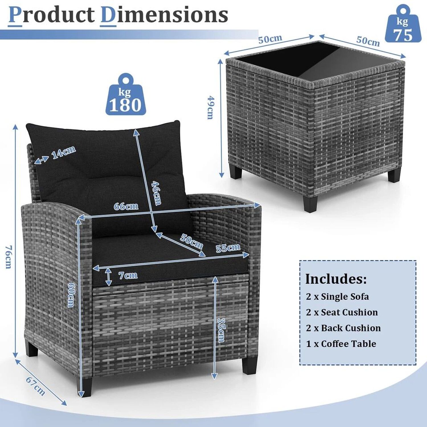 3 Piece Patio Rattan Chair And Table Set Outdoor Wicker Bistro - Grey