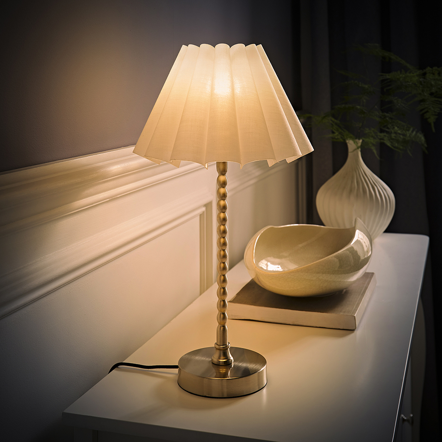 Maeve Brushed Chrome Bobble Table Lamp with Pleated Tapered Shade and LED Bulb - White