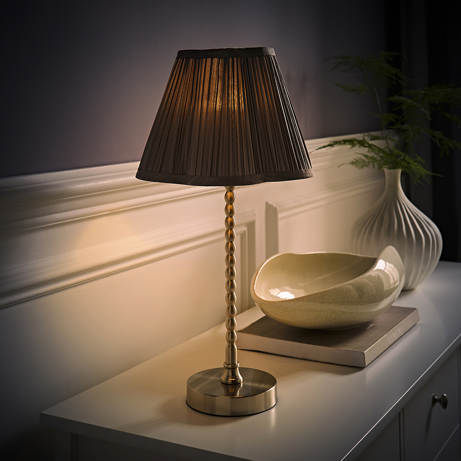 Maeve Brushed Chrome Bobble Table Lamp with Pleated Scallop Shade and LED Bulb - Grey
