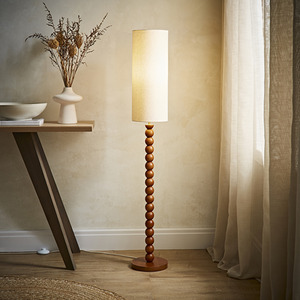 Wyatt Walnut Bobble Wood Floor Lamp with Tall Linen Shade