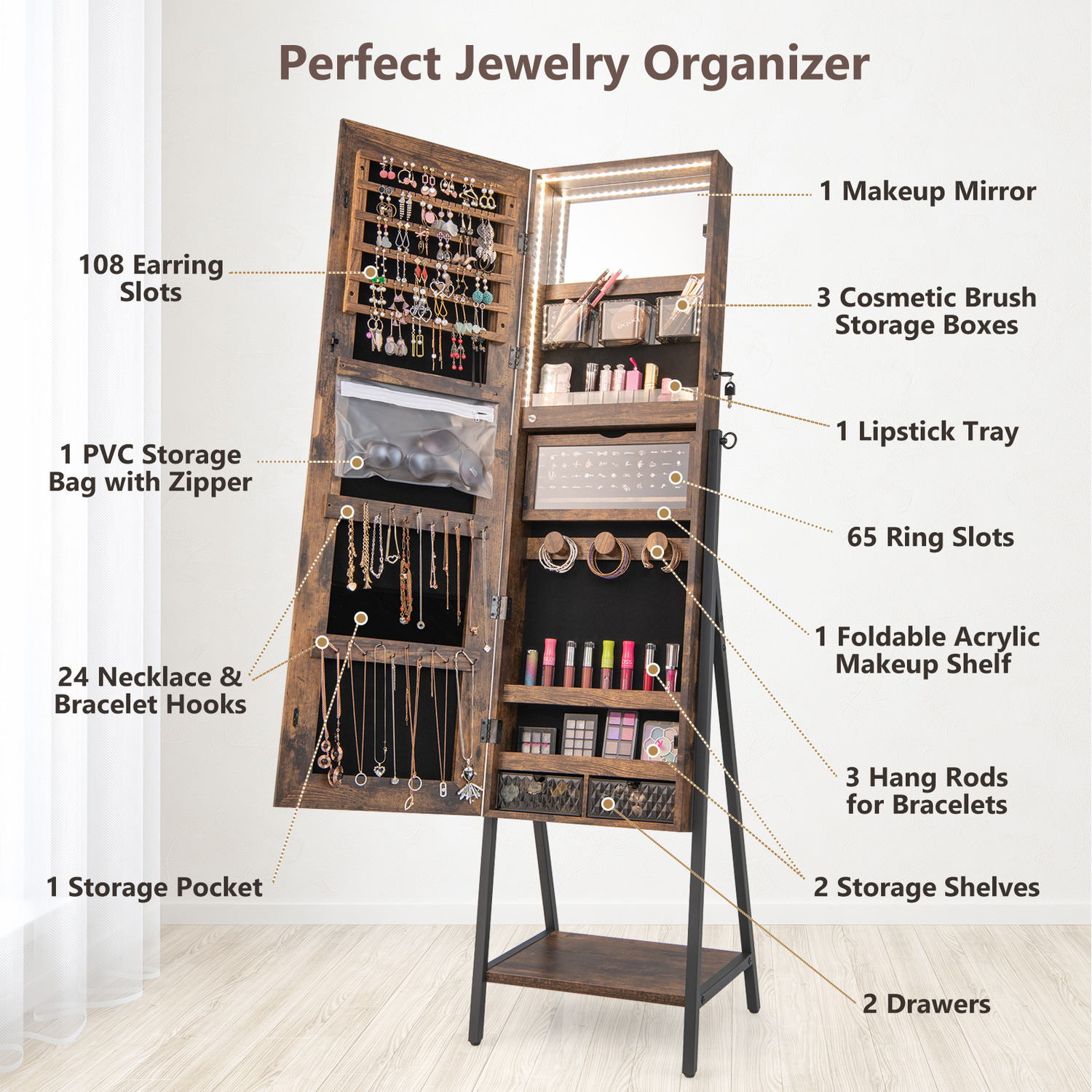 Lockable Floor Jewelry Armoire Organizer