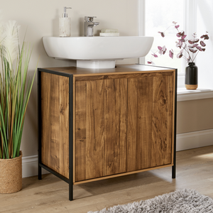 Locastra Mango Wood Effect and Black Metal 2 Door Under Basin Unit