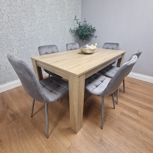 Oak Kitchen Dining Table with 6 Grey Tufted Velvet Chairs