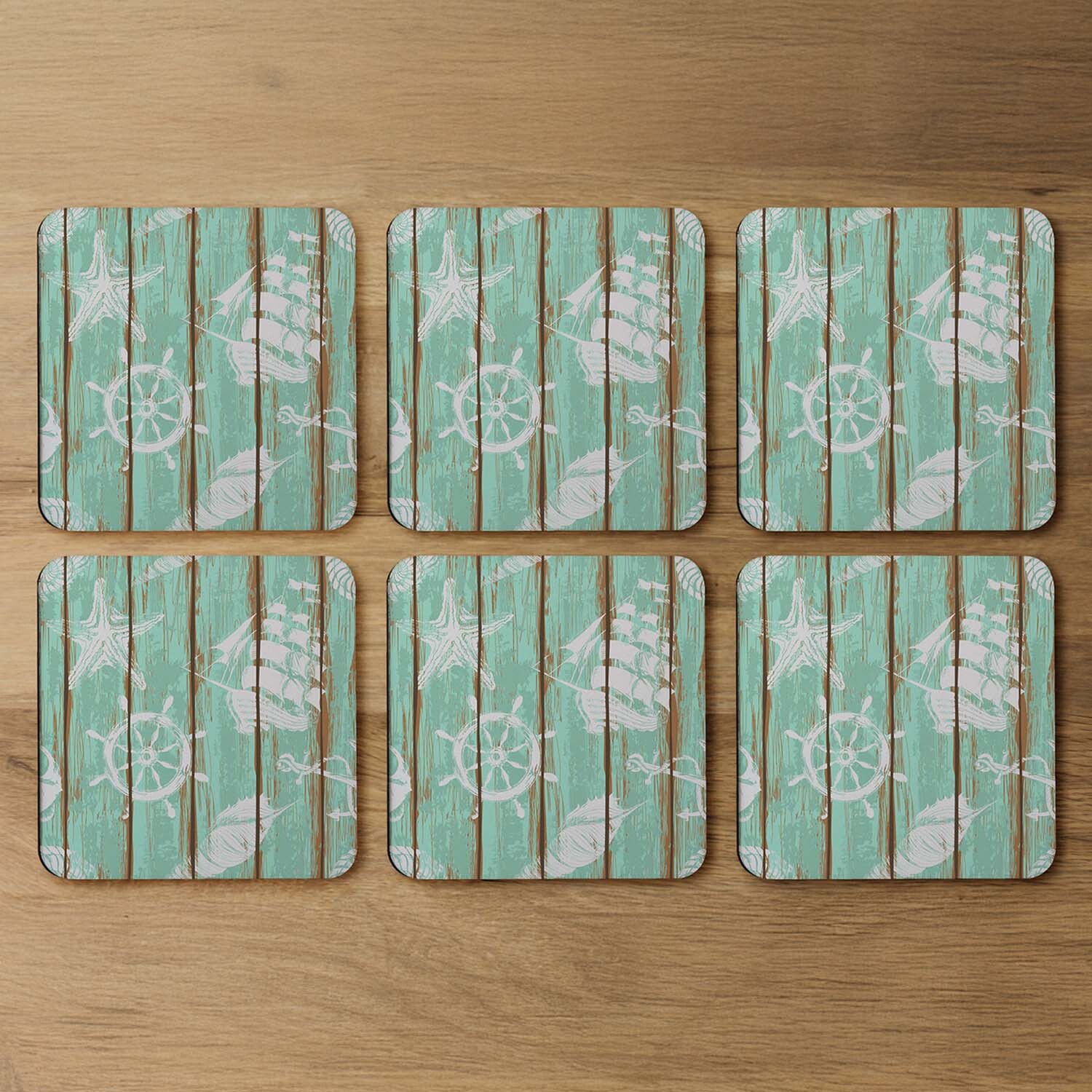 Image of Nautical Elements On Wood Coaster -&hellip;