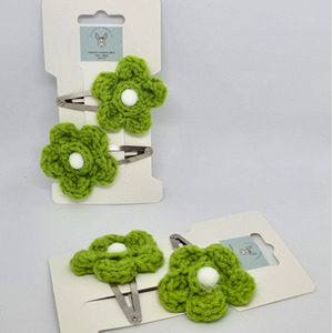 Lime White knitted flower Hair Clip Pk2