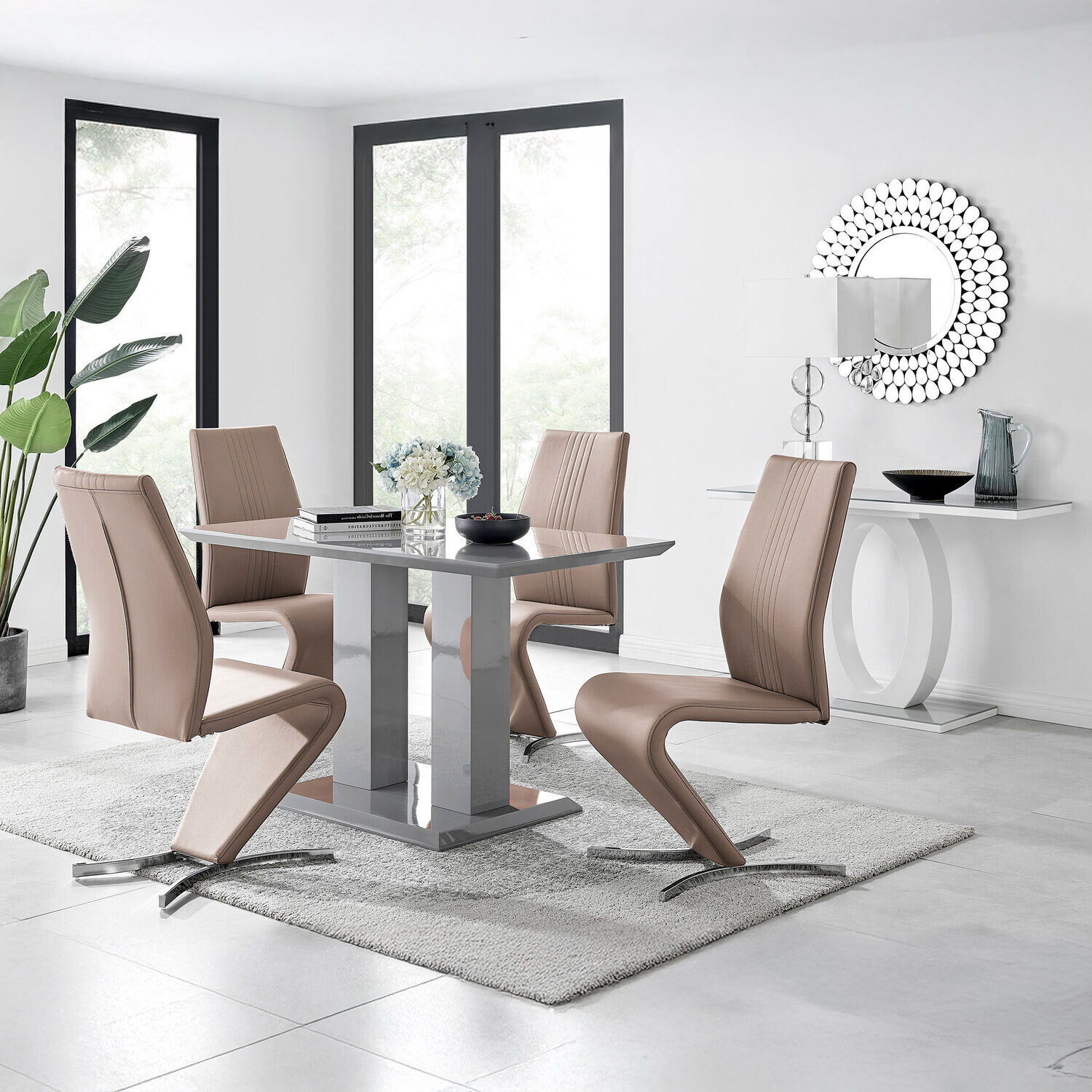 Imperia 4 Modern Grey High Gloss Dining Table And 4 Willow Chairs Set - Cappuccino