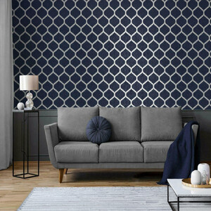 Navy Blue Wallpaper Trellis Geometric Metallic Textured Silver Feature Wall New