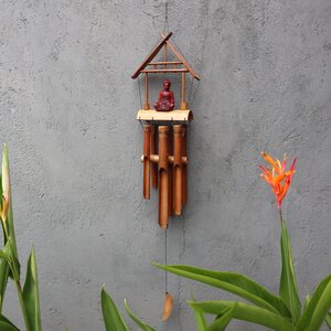 Bamboo Windchime with Brown Buddha - Handcrafted, Melodic  Calming Decor