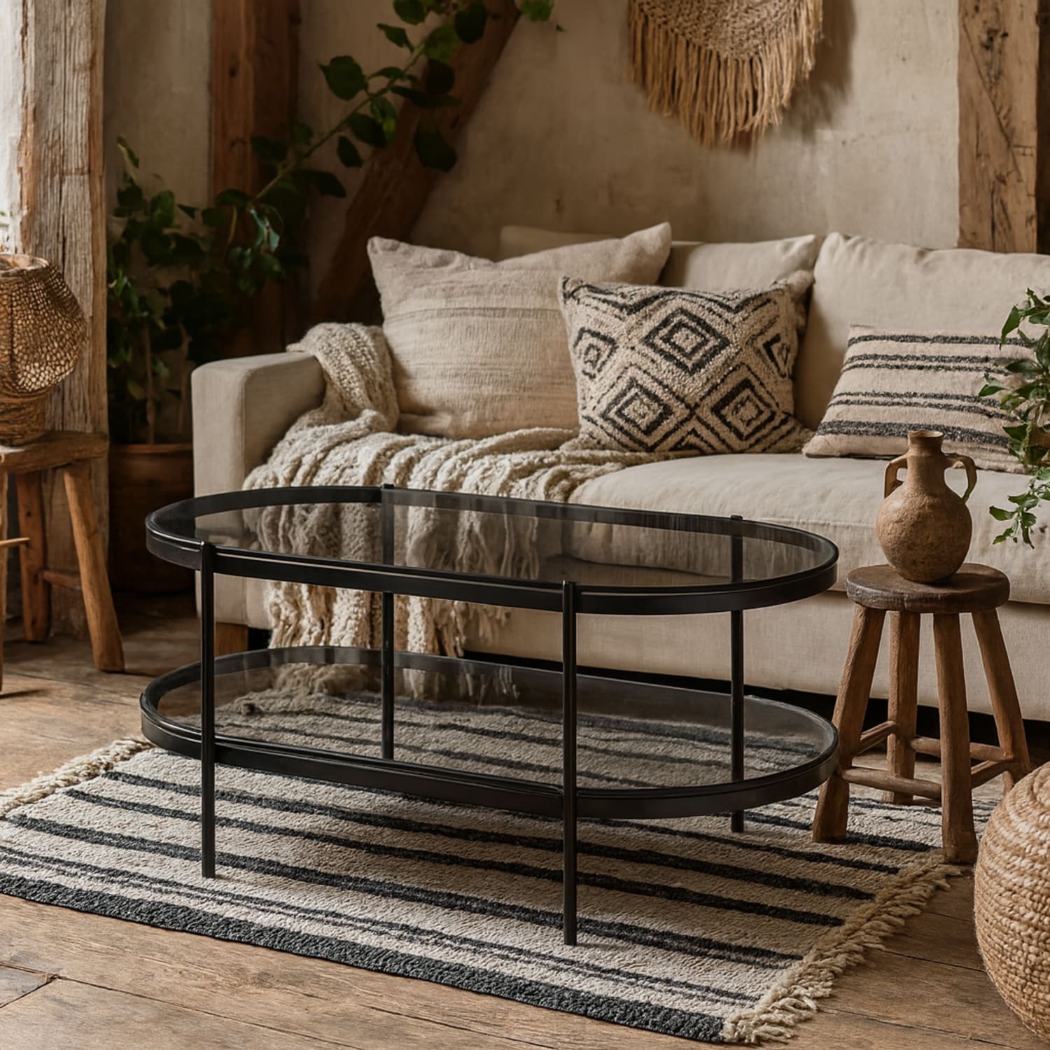 Wyld Haus Featheroak Oval Coffee Table - Grey Smoked Glass Top, Matt Black Steel Base - Grey
