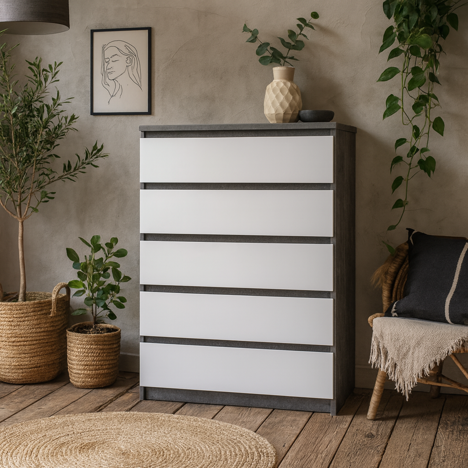 Budapest Tall Chest of 5 Drawers Concrete Effect and White Gloss - White