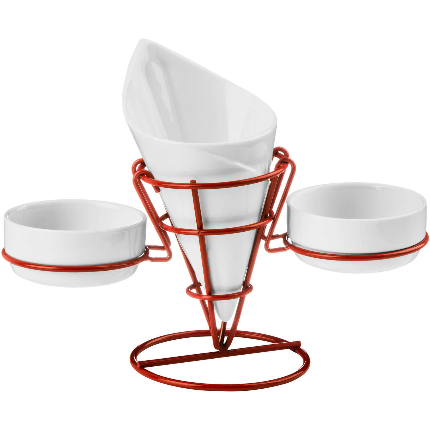 Hollywood French Fry Cone With 2 Dip Dishes On Red Stand - White