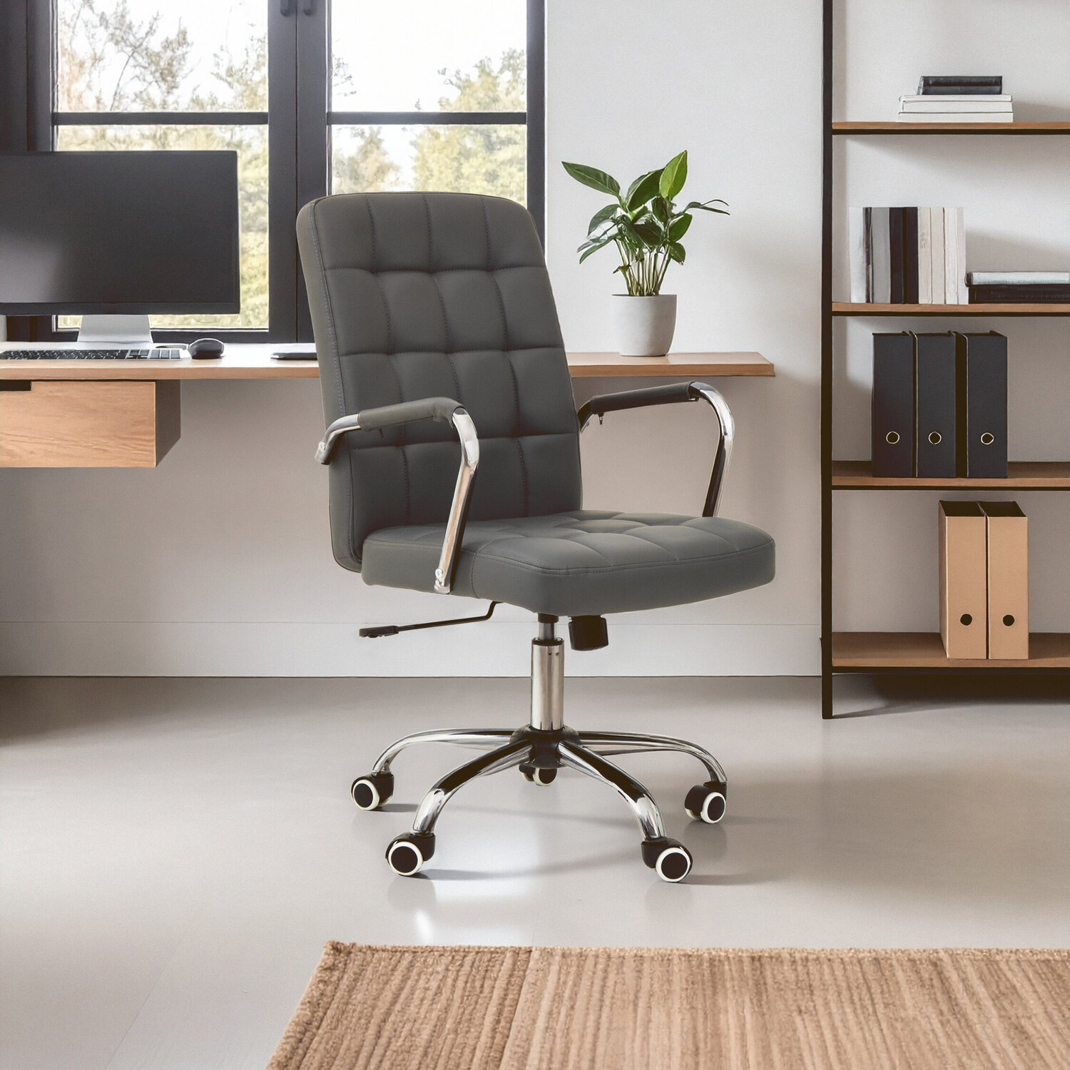 Brent Grey Leather Effect And Chrome Home Office Chair - Grey