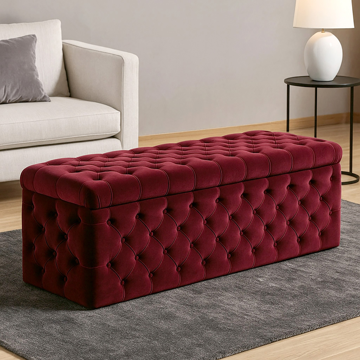 R&M Furnishers Wide Lux Ottoman Storage Box, Cream Velvet Upholstered Chesterfield Storage Ottoman Box - Red Plush Velvet